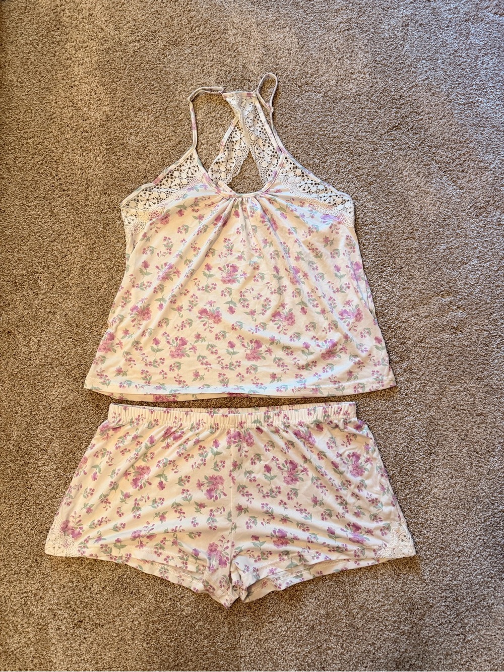 Jessica Simpson Floral Lace-Back Pajama Set - Cream & Pink size L